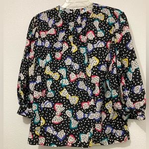 Vintage Women Chaus Top Size 16 Multi Color Bows Confetti Shape Button Up Blouse